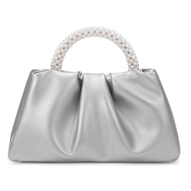 YYW Women Evening Bags Pearl Clutch Purses Soft Leather Ruched Crossbody Handbags for Wedding Bridal Party, Silver, One Size, Classic
