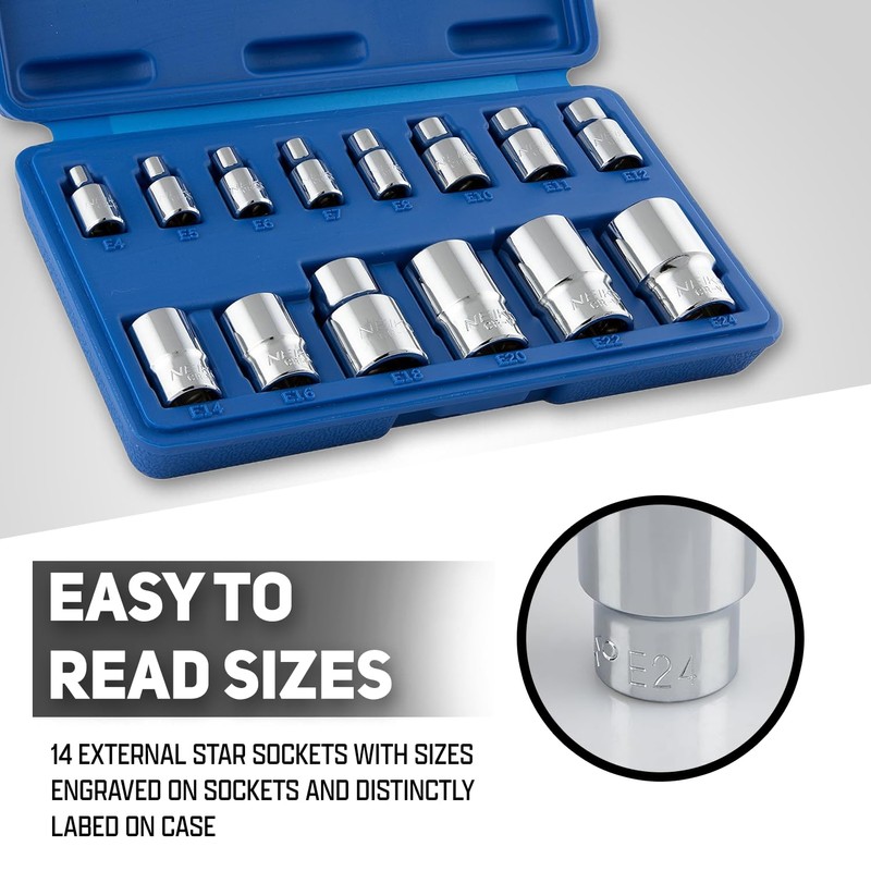 NEIKO 04300A E-Torx Socket Set, 14 Piece, External Torx, E4