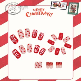 Christmas Press on Nails Short Square Winter Tip Fake Nails Happly Red False Nails with Designs Heart & Candy & Red Glitter Glossy Glue on Nails Valentines Acrylic Nails for Women Girls 24 Pcs