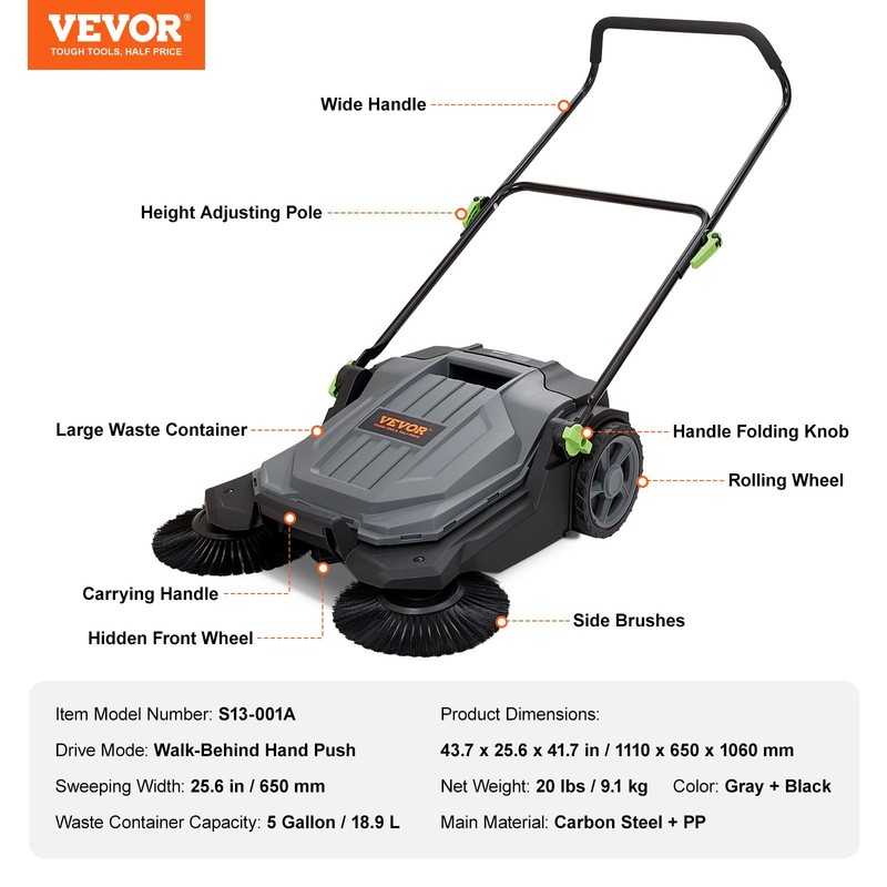 VEVOR Walk-Behind Hand Push Floor Sweeper with 25.6" Sweeping Width