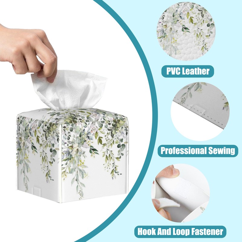 Watercolor Floral Leaves Tissue Box Holder,Square Leather Tissue Box Cover