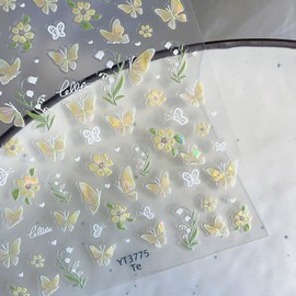 Butterfly Nail Stickers 5D Embossed Flower Butterfly Nail Art Stickers Spring Summer Floral Self-Adhesive Nail Decals Manicure Sliders for Nails Art Decoration