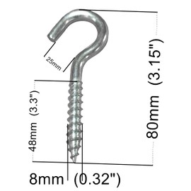 M8 Screw-in Hooks Large Heavy Duty Cup Hooks Screw in Hooks Plain Ceiling Cup for Hanging Lights Eye Big Size: 8mm x 80mm (0.32" x 3.15") Box of 7pcs