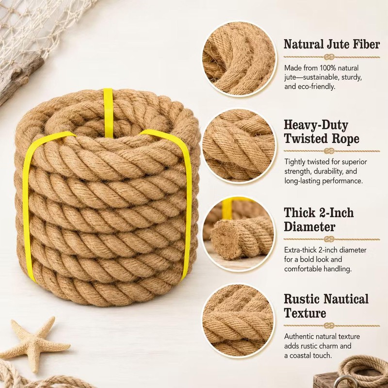 Natural Hemp Rope - 2 Inch x 50 Feet -