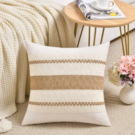 Fancy Homi Set of 2 Boho Neutral Decorative Throw Pillow Cover 20x20 Inch for Couch Bed Sofa, Aesthetic Modern Organic Farmhouse Home Decor, Soft Cotton Cute Accent Macrame Woven Tan Cushion Case