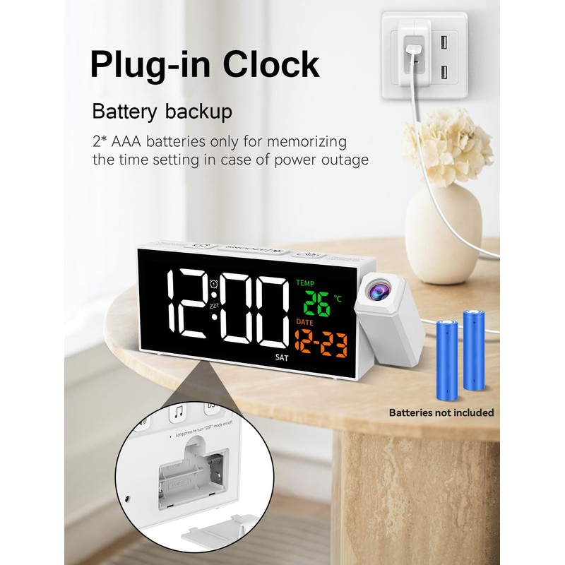 Netzu Projection Alarm Clock, Digital Clock with 350° Rotatable Projector,