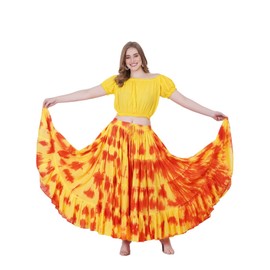 Wevez Women's 25 Yard Cotton Tie Dye 4 Tier Gypsy Belly Dance Skirt (Yellow-Orange-Tiedye)