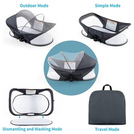 Baby Travel Bassinet for Newborn, Portable Foldable Travel Pod for Outdoors, Lightweight Washable Baby Travel Cribs with Mosquito Net Canopy (Gray)
