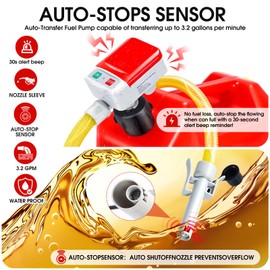 Fuel Transfer Pump with Auto-Stop Sensor-3.2GPM,30s Alert Beep,Overfill Protection,51"Hose Transfer Pump Battery Powered with 4 Tank Adapter,Portable Liquid Pump with Nozzle for Gasoline,Diesel,Oil