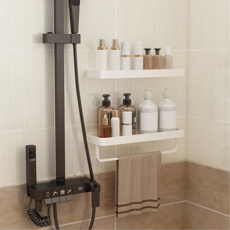 Danpoo 16-Inch White Floating Bathroom Shelves with Towel Bar， Clear
