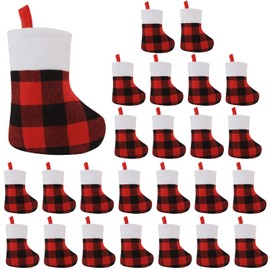 CCINEE 24 Pack Mini Christmas Stockings, 7” Red and Black Buffalo Plaid Xmas Stocking with Plush Cuff Small Hanging Stocking Decoration for Holiday Home Wall Fireplace Christmas Tree Decor
