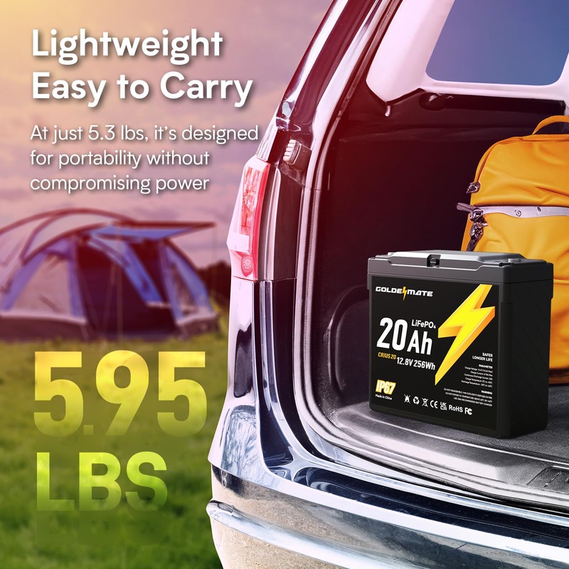GOLDENMATE 12V 20Ah LiFePO4 Battery, IP67 Waterproof, 12V Lithium Battery