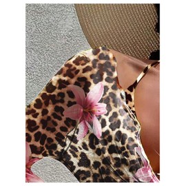 Milumia Women's 3 Piece Leopard Floral Bikini Set Pearl Decor Triangle Hipster Swimsuit with Cover Up Dress Brown Multicolor X-Large