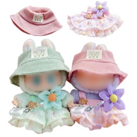 Doll Clothes 4-Piece Pink Outfit Set Fits 15-17cm Plush Dolls – Embroidery Bucket Hat, Heart Print Tulle Dress with Bear Button Strap & Flower Brooch with Camera (Doll Not Included) (Pink) (Green)