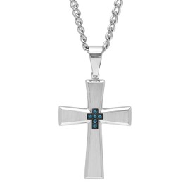 Men's Blue Diamond Stainless Steel Flared Cross Pendant on 24" Twisted Curb Chain Necklace