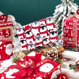LeZakaa Christmas Wrapping Paper Roll - Mini Roll - 3 Rolls - 17 Inch X 120 Inch Per Roll - Red & White Penguins, Ho, Santa Claus, Christmas Elements Holiday Collection