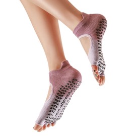 svlftecon Women Yoga Pilates Socks with Grips Non Slip Full Toe Ankle Socks Series 12, Gradient Raspberry Powder, Small