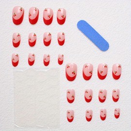 Red Press on Nail Short Fake Nails French Tip Press ones with designs Cherry False Nails Glossy Almond Acrylic Nail Artificial Gel Cute Glue on Nails for Women Manicure24pcs