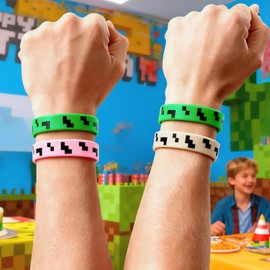 We1stdsee 24Pcs Pixel Theme Rubber Bracelets Party Favors, Game Birthday Party Decorations Supplies, Gamer Goodie Bag Stuffers for Kids Boys Girls Gift