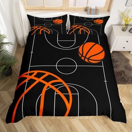 jejeloiu - Juego de ropa de cama de baloncesto para niños pequeños, niñas, adolescentes, juegos, funda de edredón deportiva transpirable con temática deportiva negra (sin edredón