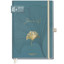 paper&you® Premium Journal Dotted A5 Notebook Dotted 120 g/m² Thick Paper, 188 Numbered Pages, Diary with Gold Embossing "Blue Ginkgo"