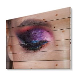 DesignQ Bright Eye Makeup In Luxurious Blue Shades Modern & Contemporary Wood Wall Decor, Purple Wood Wall Art, Large People Wood Wall Panels Printed On Natural Pine Wood Art