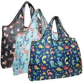 Bowbear Foldable Nylon Reusable Shopping Grocery Bag (Set of 3), Dinos, Dogs, & Lamas