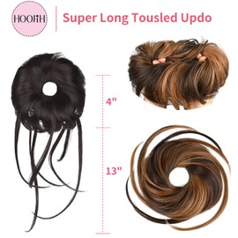 HOOJIH Messy Bun Hair Piece, Super Long Tousled Updo Hair Bun Extensions Wavy Hair Wrap Ponytail Hairpieces Hair Scrunchies with Elastic Hair Band HB007 Grace - Warm Brown with Medium Brown Highlights
