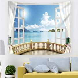 Gualiy Ocean Tapestry, Window View Sea Blue Sky Wall Hanging Made of Polyester Wall Towel Tapestry for Bedroom Living Room 350 x 256 cm