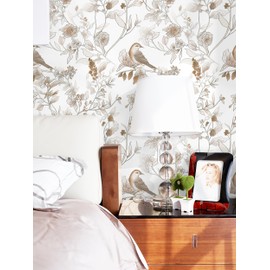 Hopepak Peel and Stick Wallpaper, 17.3''x78.7'' Brown Floral Bird Wall Paper Self Adhesive Removable Contact Paper Waterproof Vinyl Roll for Bedroom Bathroom Decor