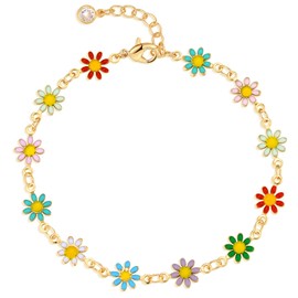 MEVECCO Gold Daisy Bracelets for Women Non Tarnish 14K Gold Plated Simple Flower Dainty Boho Chain Link Bracelet