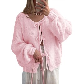 UNCLECAT Womens Bow Tie Front Cardigan Sweaters Oversized Fall Open Front Cardigans Cute Loose Knit Tops Pink