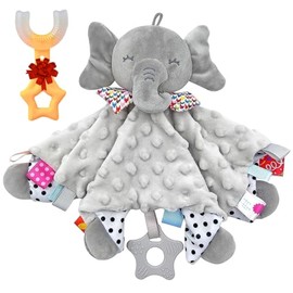 Manta De Apego Niños Peluche Suave Juguete Bebé Mordedera Silicona Sonaja Cascabel Cobija Suave Felpa 3D Elefante Conejo Acolchado Manta de Seguridad Incluye Regalo (Elefante Gris)