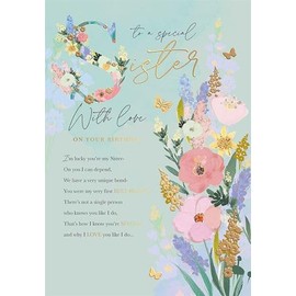 Words and Wishes Birthday Card for Special Sister, Floral Gold Foil Design, 23 cm x 16 cm