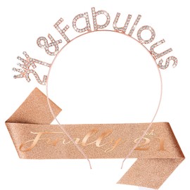 CIEHER 21st Birthday Crown & Finally 21 Birthday Sash, 21 and Fabulous Birthday Tiara for Girls, 21st Birthday Decorations for Her, 21st Birthday Gifts - Rose Gold