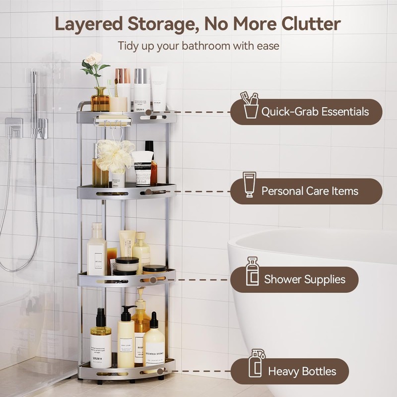 Binecer Corner Shower Caddy, 4 Tier Standing Shower Organizer with