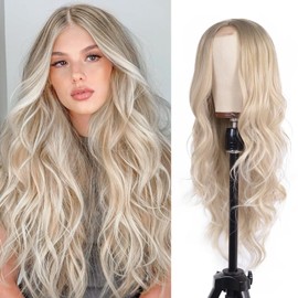 T-color Long Ash Blonde Wavy Wig for Women 26 Inch Middle Part Curly Wavy Wig Natural Looking Synthetic Heat Resistant Fiber Wig for Daily Wear, Party, Cosplay