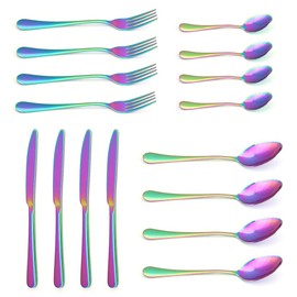 Cutlery Set EVERGD Stainless Steel Tableware Set Colorful Romantic Dinner Dinnerware Set Rainbow Flatware Set Dishwasher Safe (16)