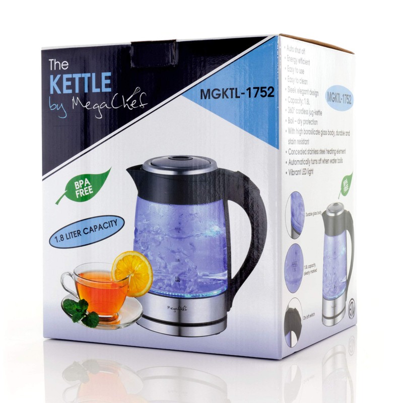 Megachef Glass and Stainless Steel Electric Tea Kettle, 1.8 L