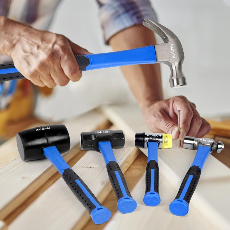 HANSOM 5-Pack Hammer Set,Rubber Mallet 32oz, Double-Faced Mallet 22oz,16oz Claw