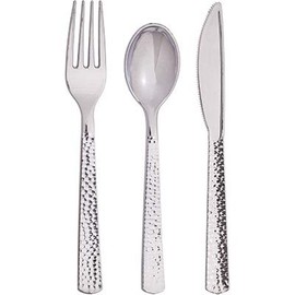 Assorted Metallic Silver Hammered Plastic Cutlery Set- 24 pcs.