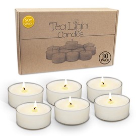 Set of 30 Unscented Tealight Candles, Bulk Natural Soy Wax Tiny Tea Lite Candles, 4 Hour Clean Burn T-lite Candles in Clear Cups