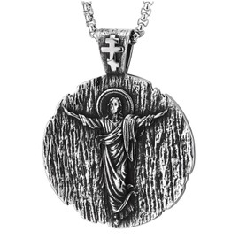 COOLSTEELANDBEYOND Textured Jesus Medallion Pendant Mens Vintage Steel Pendant Necklace, Religious Christian Jewelry