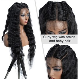 FASHION IDOL Lace Front Curly Wigs 31" Long Synthetic Natural Water Wavy Wig for Women Natural Black with E Type HD Lace Wig