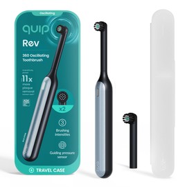 Quip Rev 360 Oscillating Rechargeable Electric Toothbrush with Extra Brush Head - Soft Bristles, Pressure Sensor, 3 Intensities, 30-Day Battery, 2-Min Timer, Travel Case, Mirror Mount - Blue Stone