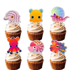 18pcs Colorful Glitter Dessert Cupcake Topper Cuttlefish Octopus Squid Submarine Organism Theme Decorations Baby Shower Boys Girls Happy Birthday Party Decor Supplies