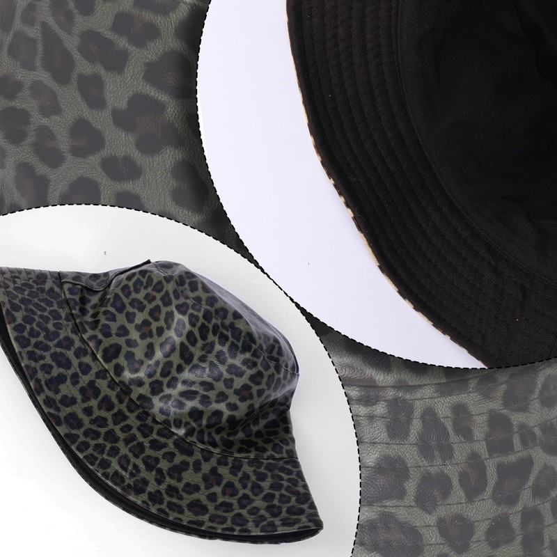 Manfnee Leopard Bucket Hat PU Leather Bucket Hats Sun Hat