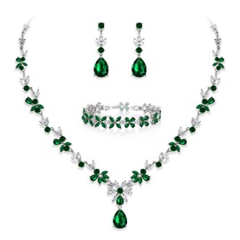 EVER FAITH Wedding Jewelry Sets for Women, Green Marquise Cubic Zirconia Flower Leaf Bridal Necklace Dangle Earrings Bracelet Set for Bridesmaid Brides