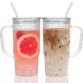 GOSCHE Glass Cups with Lids and Straws, Glass Tumbler with Handle for Iced Coffee, Tea, Juice, Smoothies, 24oz Reusable Drinking Cup for Hot and Cold Beverages, 2 Pack