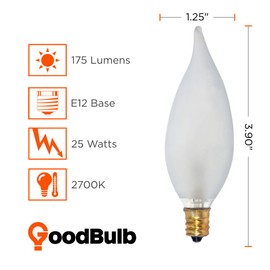 GoodBulb 25 Watt Flame Tip Candelabra Light Bulbs CA10 Frosted Finish E12 Base 2700K Soft White Light CFF Dimmable 25W 175 Lumens Decorative Chandelier Bulbs Pack of 12 Bulbs